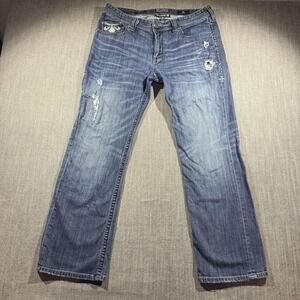 Affliction Black Premium Jeans Mens 36x32 Blue Blake Straight Buckle Distressed